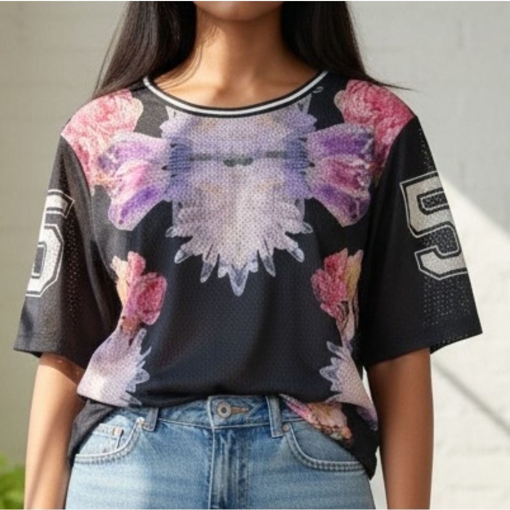 Topshop Crystals And Flowers Graphic Perforated Tee